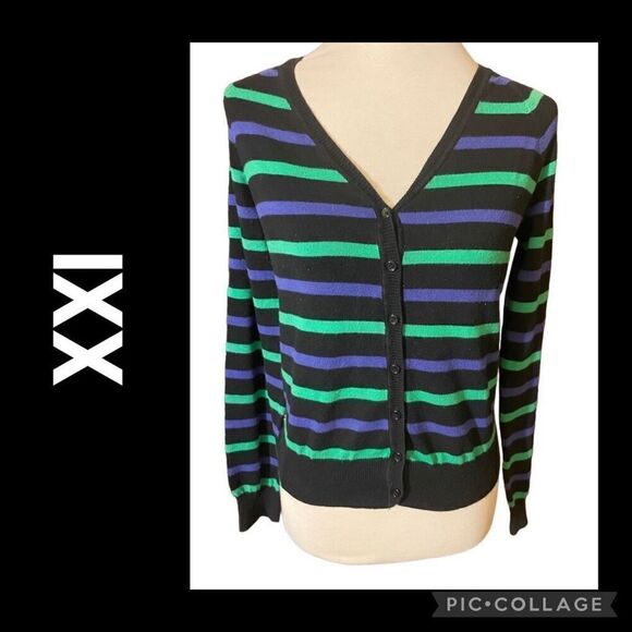 XXI Womens Cardigan Sweater Stripe Long Sleeve Button Front V Neck Blue Large - Picture 1 of 8